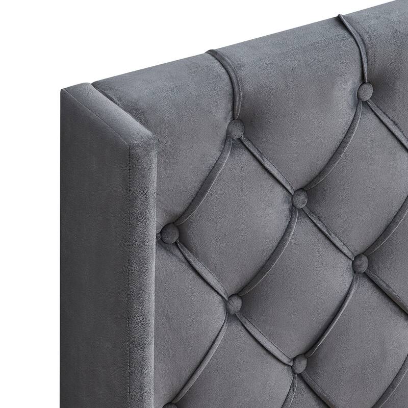 Queen Velvet Button Tufted Platform Bed with Strong Slat Support