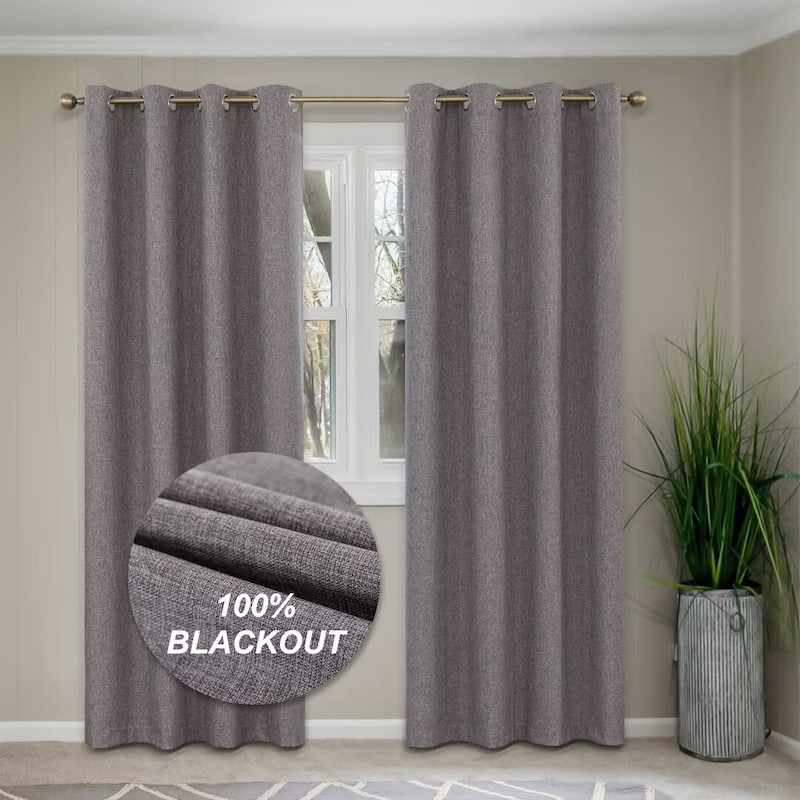 Linen Textured 100% Blackout Grommet Curtain Pair(Set of 2) - 52"Wx96"L - Dark Grey