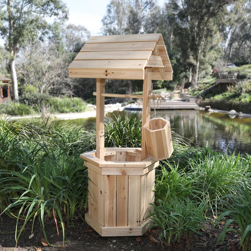 Outdoor Decorative Wooden Wishing Well Flower Planter with Bucket