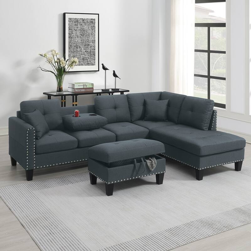 3 Piece Linen-Like Fabric Sectional Sofa Set with Storage Ottoman