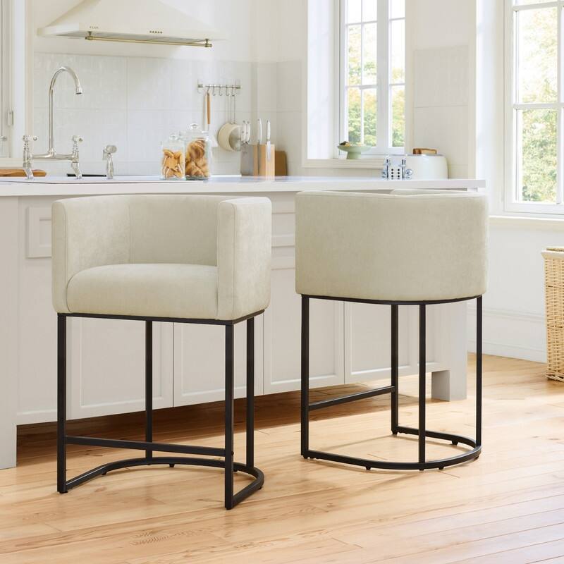 Spruce & Spring Modern Upholstered Barrel Counter Bar Stool with Arm - Set of 2 - Sand