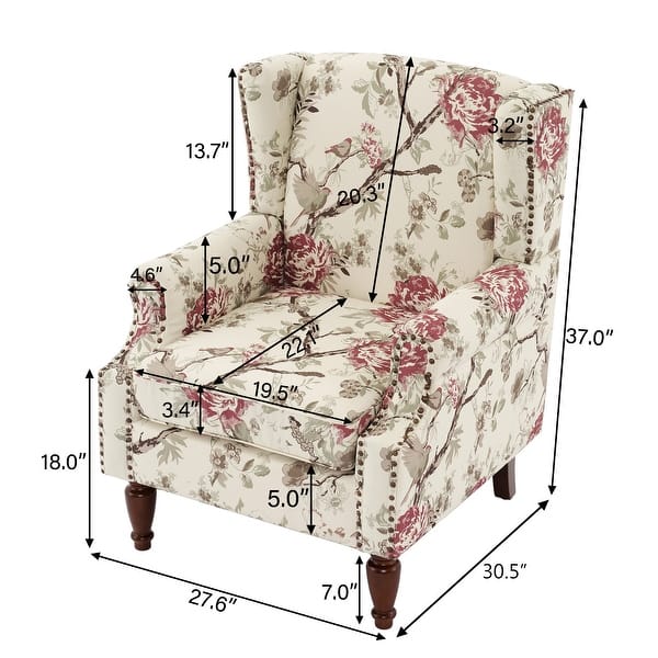 dimension image slide 8 of 10, 2 Set Traditional Patterned Wingback Accent Chairs with NailHead