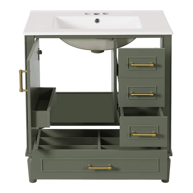 30" Freestanding Single Sink Storage Cabinet Bathroom Vanity with Gold Handles, Groove Decoration and Overflow Drain Protectio