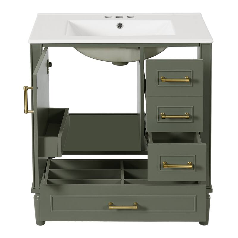 Solid Wood Bathroom Vanity with Ceramic Sink, Bathroom Storage Cabinet with 3 Drawers, Soft Close Doors & Built-in Shelf
