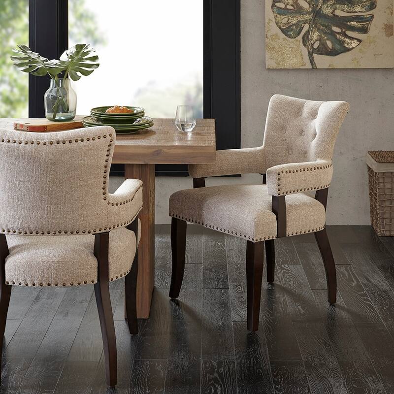 Dining Chair Set of 2, Solid Wood Frame Armchair with Nailhead Trim - Cream