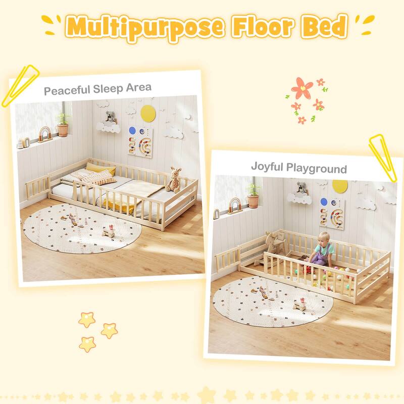 Costway Twin Size Floor Bed with Door & Fence with Safety Guardrails &