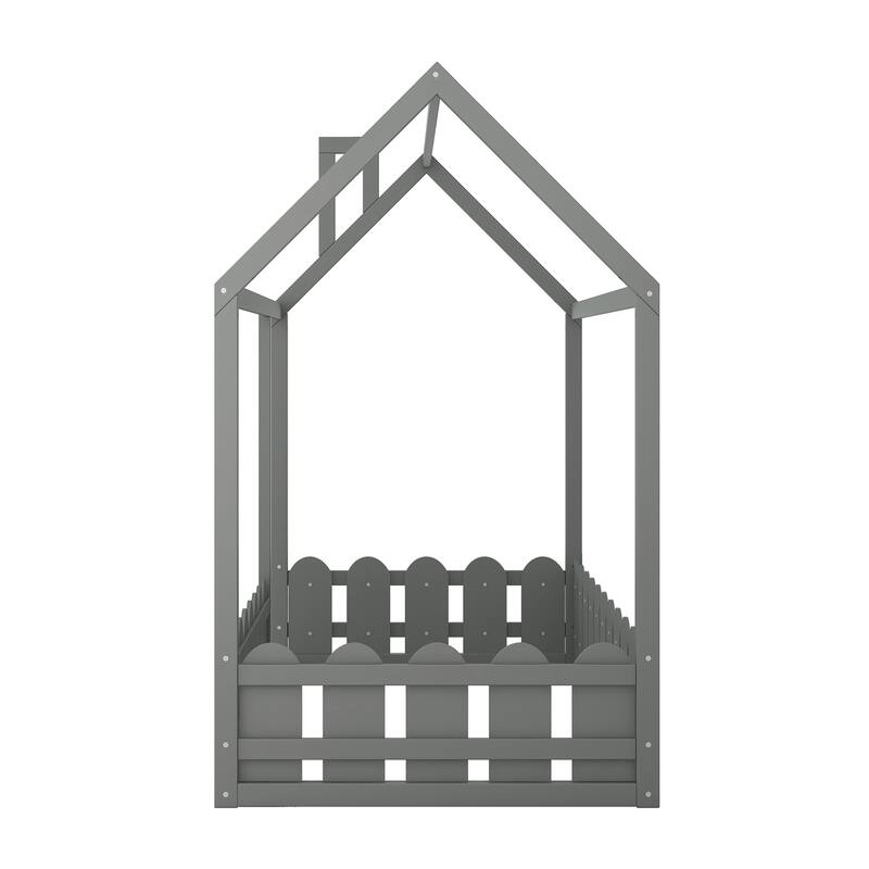 Twin Size Wood House Bed Frame with Fence for Kids and Teens, Gray