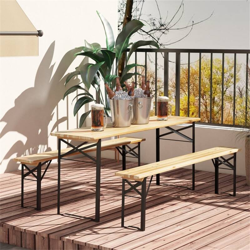 Folding Picnic Table and Bench Set Solid Wood Tabletop Steel Frame Portable Outdoor Patio Garden - 71"L x 10"W x 18"H - Natural