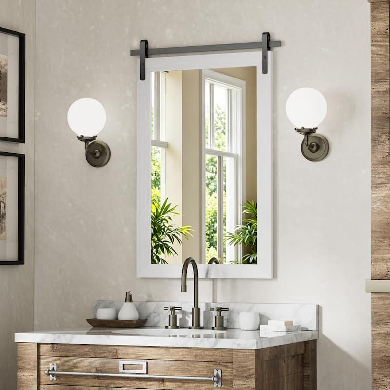 Farmhouse Barn Door Solid Wood Frame Bathroom Vanity Wall Mirror - 22W * 30H Inches - White