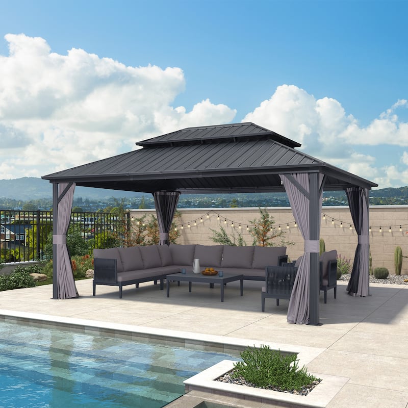 PURPLE LEAF Gazebo Outdoor Gazebo with Dual-Layer Galvanized Steel Double Roof Aluminum Gazebo with Netting and Curtains Grey - 12' x 16' - Grey