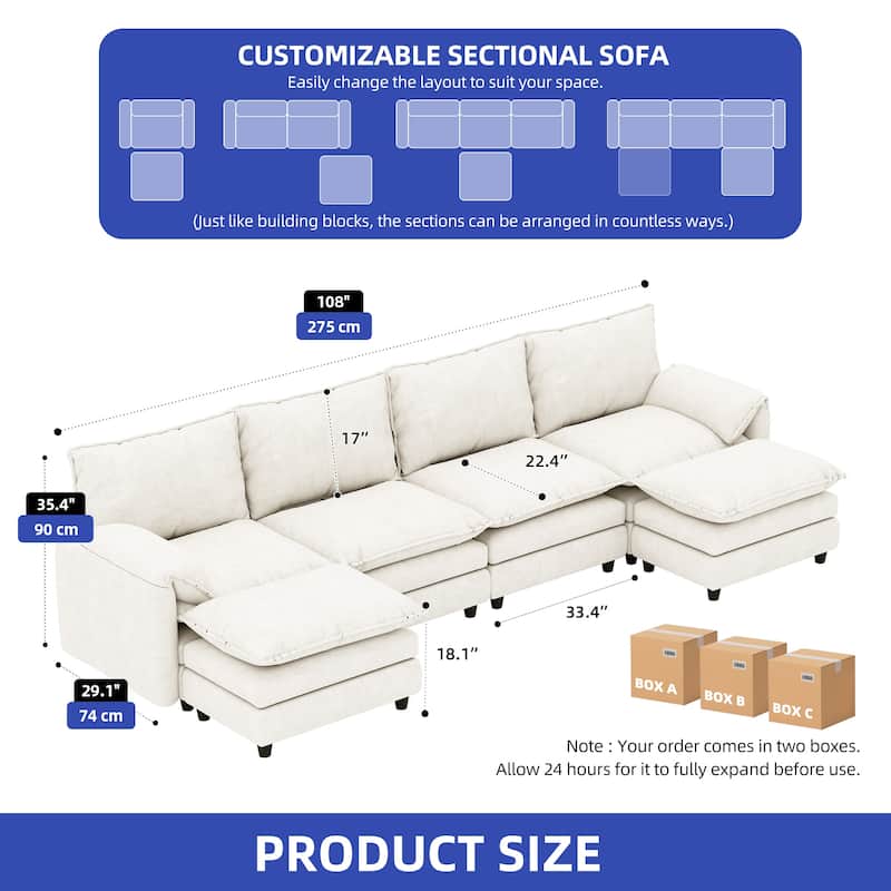 142 Inch Modular Velvet Sectional Sofa with Movable Ottoman Pillow Armrest and Deep Seats for Living Room Apartment or Office