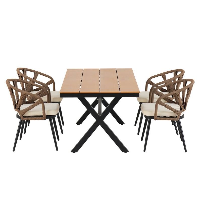 Contemporary Outdoor Set with PE Rattan Chairs and Plastic Wood Table,Suitable for Gardens and Lawns