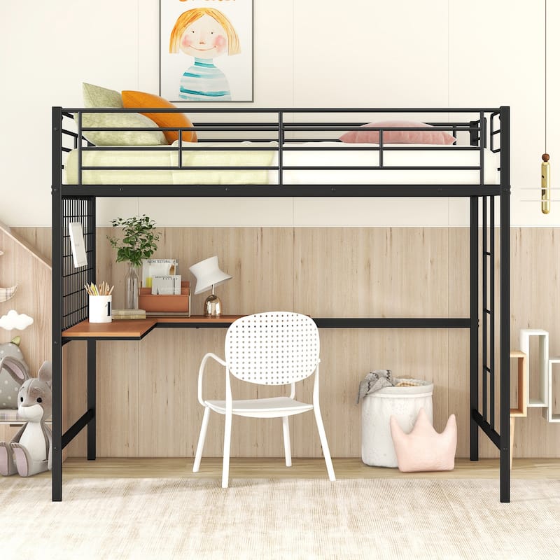 Metal Full Size Loft Bed with Wood Desk & Classy Grid, FullLength