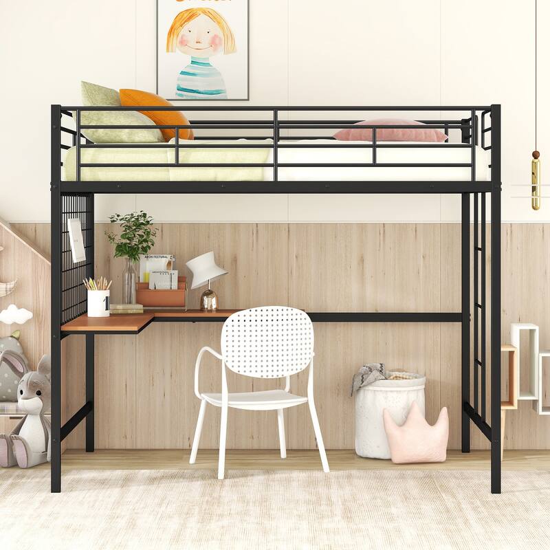 Metal Loft Bed with Desk, Ladder and Metal Grid for Kids, Teens, Girls, Boys
