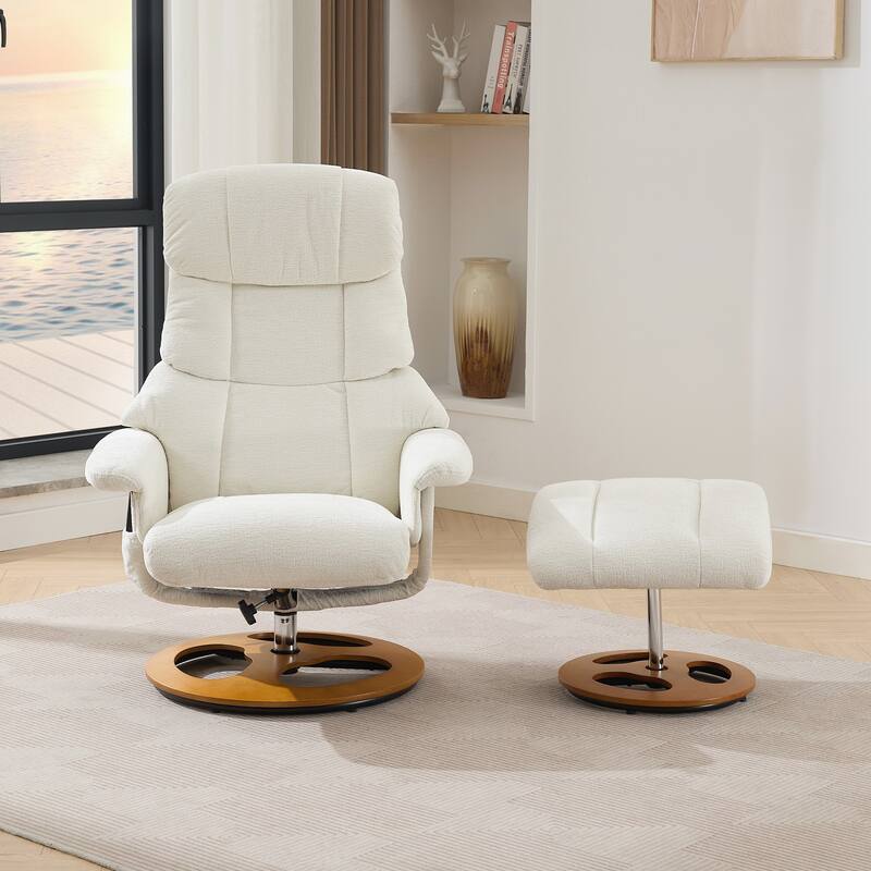 Recliner Chair with Ottoman, 360° Swivel Lounge Chair with Footstool, Chenille Fabric, Seat Heating & 140° Adjustable Backrest