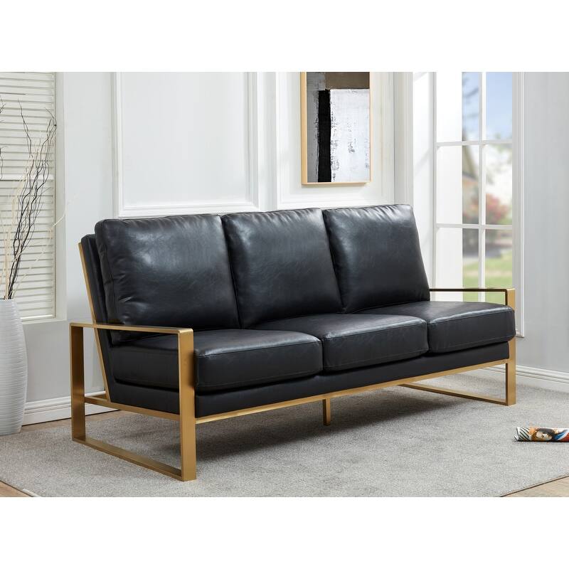 Jefferson Modern Leather Upholstered 3 Seater Loveseat Sofa Chair in Brushed Gold Steel Base with Armrest Removable Cushion