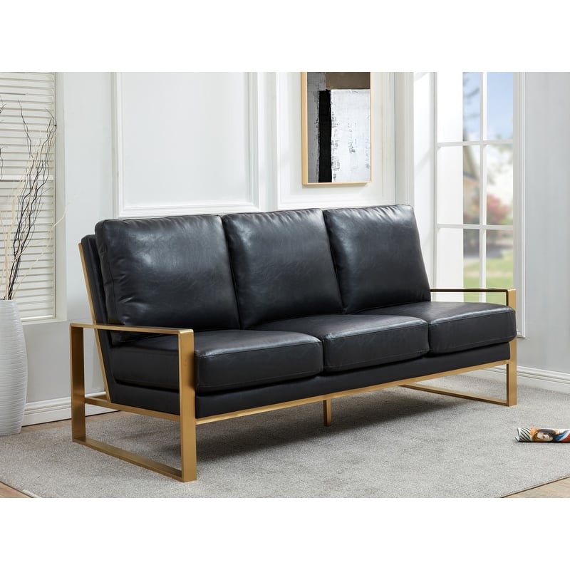 Jefferson Modern Leather Upholstered 3 Seater Loveseat Sofa Chair in Brushed Gold Steel Base with Armrest Removable Cushion