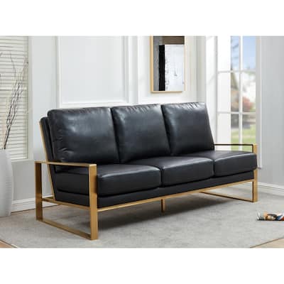 Jefferson Modern Three-Seater Leather Sofa Loveseat in Brushed Gold Stainless Steel with Armrest Removable Cushion Pocket Spring