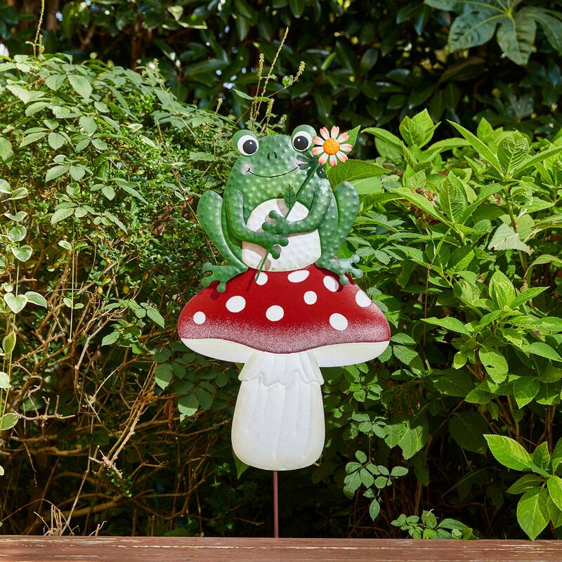 Glitzhome Metal/Wood Frog Stacked Mushroom Welcome Sign Yard Stakes Garden Wall Decor