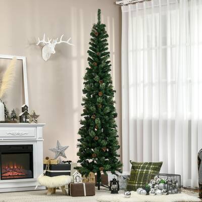 HOMCOM 7.5 ft. Pine Cone Decorated Slim Christmas Tree with Stand
