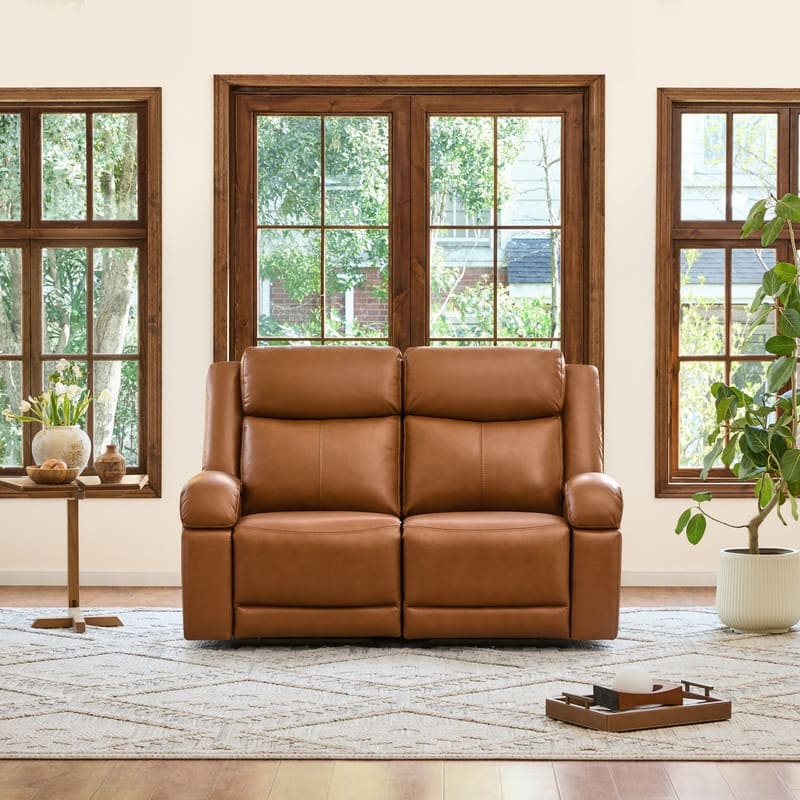 Spruce & Spring Hadlee Genuine leather Reclining Sofa with Multi-Function Console. - 2PC - Saddle