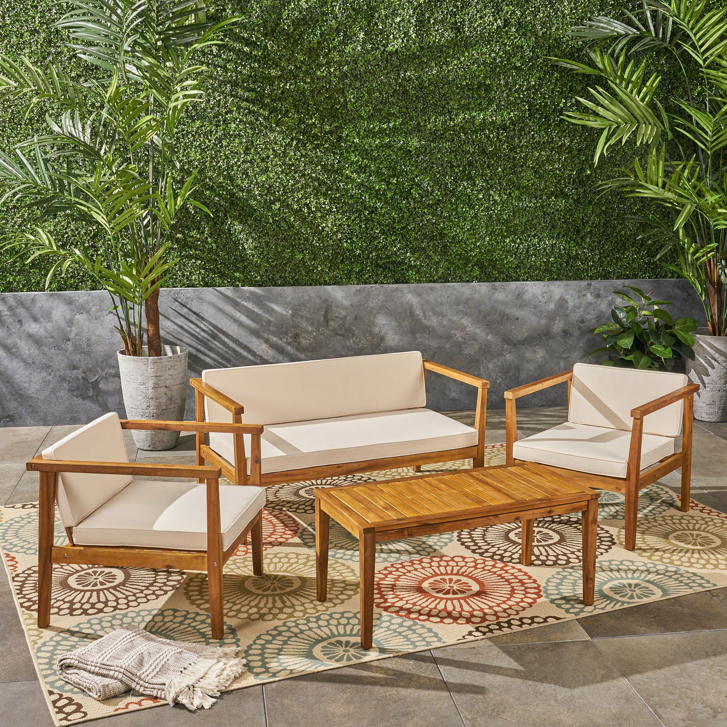 Acacia Wood Dining Set with Coffee Table and Cushions for Outdoor 4-piece Conversation Set with 2 Club Chairs & Loveseat