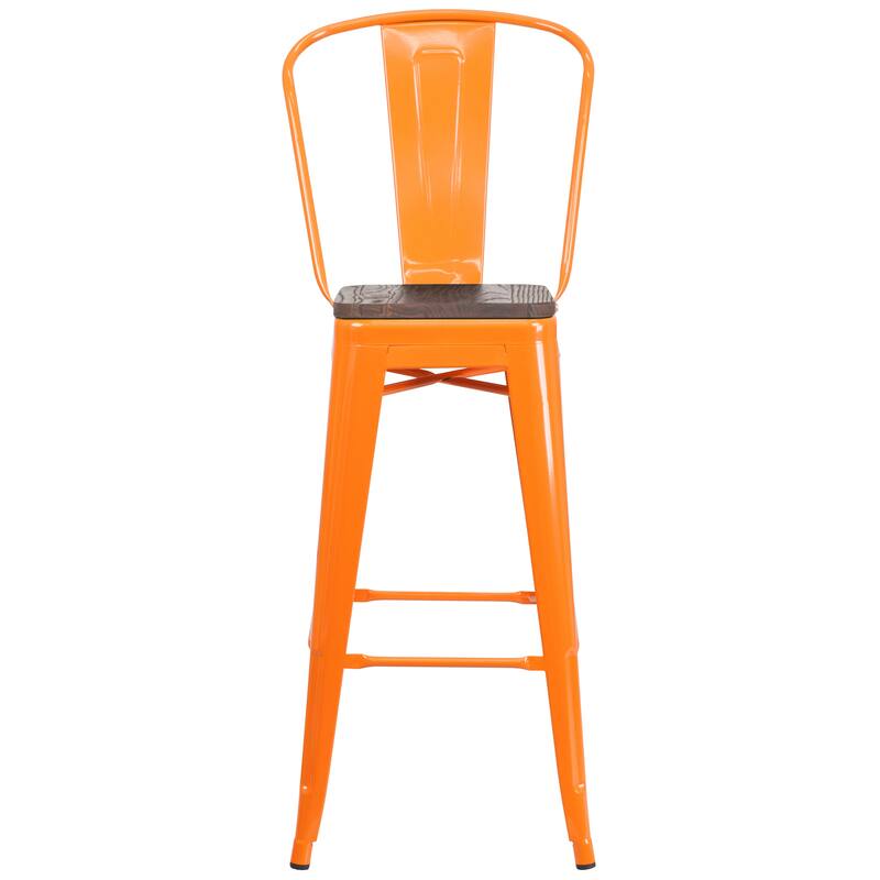 30" High Metal Barstool with Back and Wood Seat - 17.75"W x 20"D x 45.25"H