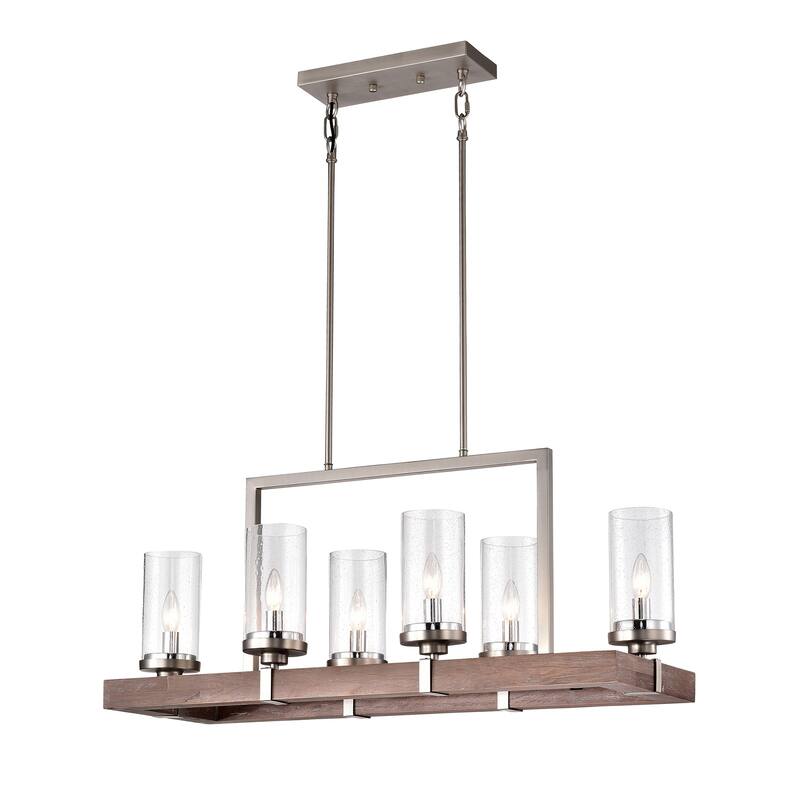 Wood and Metal 6-light Linear Chandelier with Seeded Glass Shades Nickel / Driftwood