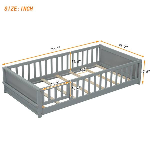 dimension image slide 2 of 6, Twin Size Floor Bed Frame for Kids Bed with Fence Guardrails Endbed Storage Splint Platform Bed - Available with or without Door