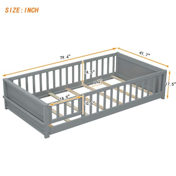 dimension image slide 2 of 3, Twin Size Floor Bed with Safety Guardrails, Door and Slats, Toddler Floor Bed Frame for Girls & Boys, Wood Montessori Floor Bed
