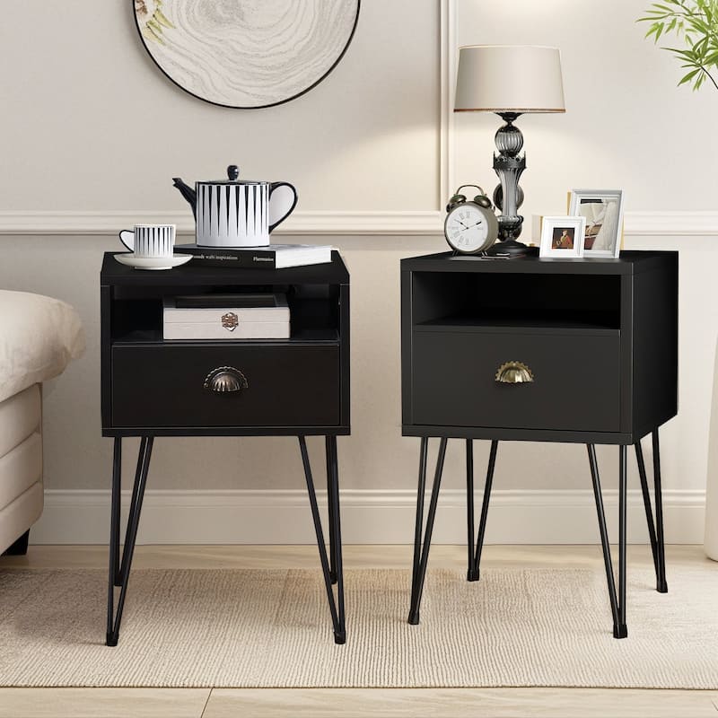 Javlergo Set of 2 Nightstand with Open Compartment & Drawer V-Shaped Metal Legs for Bedroom Living Room