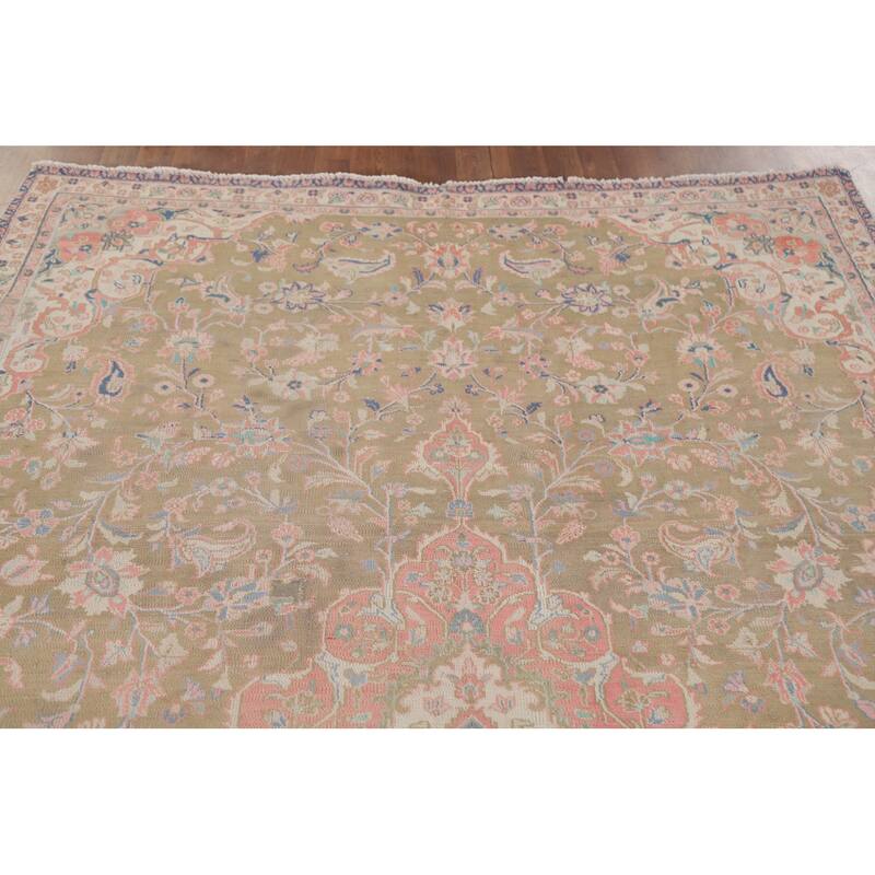 Hand Knotted Oriental 100% Wool Carpet Traditional Floral Green Mashad Area Rug - 9' 7'' X 6' 0''