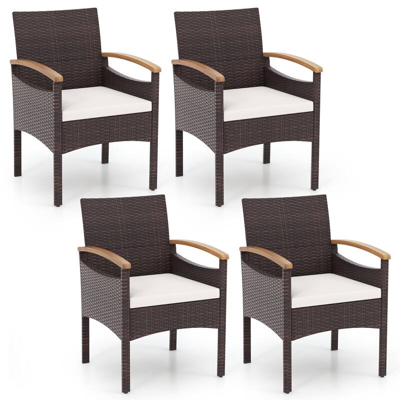 PE Rattan and Acacia Wood Outdoor Lounge Chairs Set with Cushions and Armrests for Garden or Porch - 25” x 23” x 34” (L x W x H)