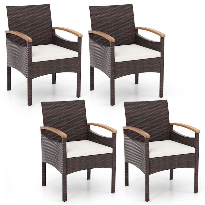 PE Rattan and Acacia Wood Outdoor Lounge Chairs Set with Cushions and Armrests for Garden or Porch - 25” x 23” x 34” (L x W x H) - Set of 4