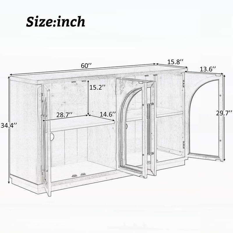 4-Door Storage Cabinet with Glass Doors and Arched Design