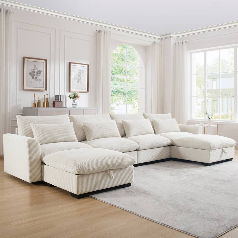 GDFStudio - Winslow Corduroy 4 Seater Sofa Couch with 2 Storage Ottomans and Pillows