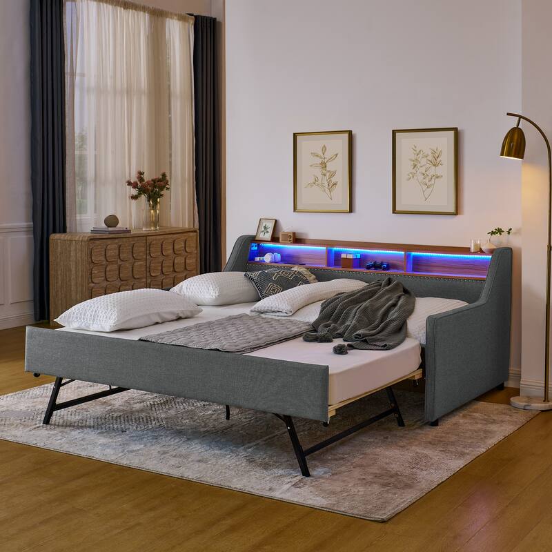 Twin Size Daybed Upholstery Sofa Bed with 3 LED, Storage Headboard