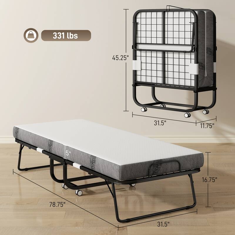 Folding Guest Bed with Padded Mattress and Metal Frame, Space-Saving Portable Bed with Wheels - 5"