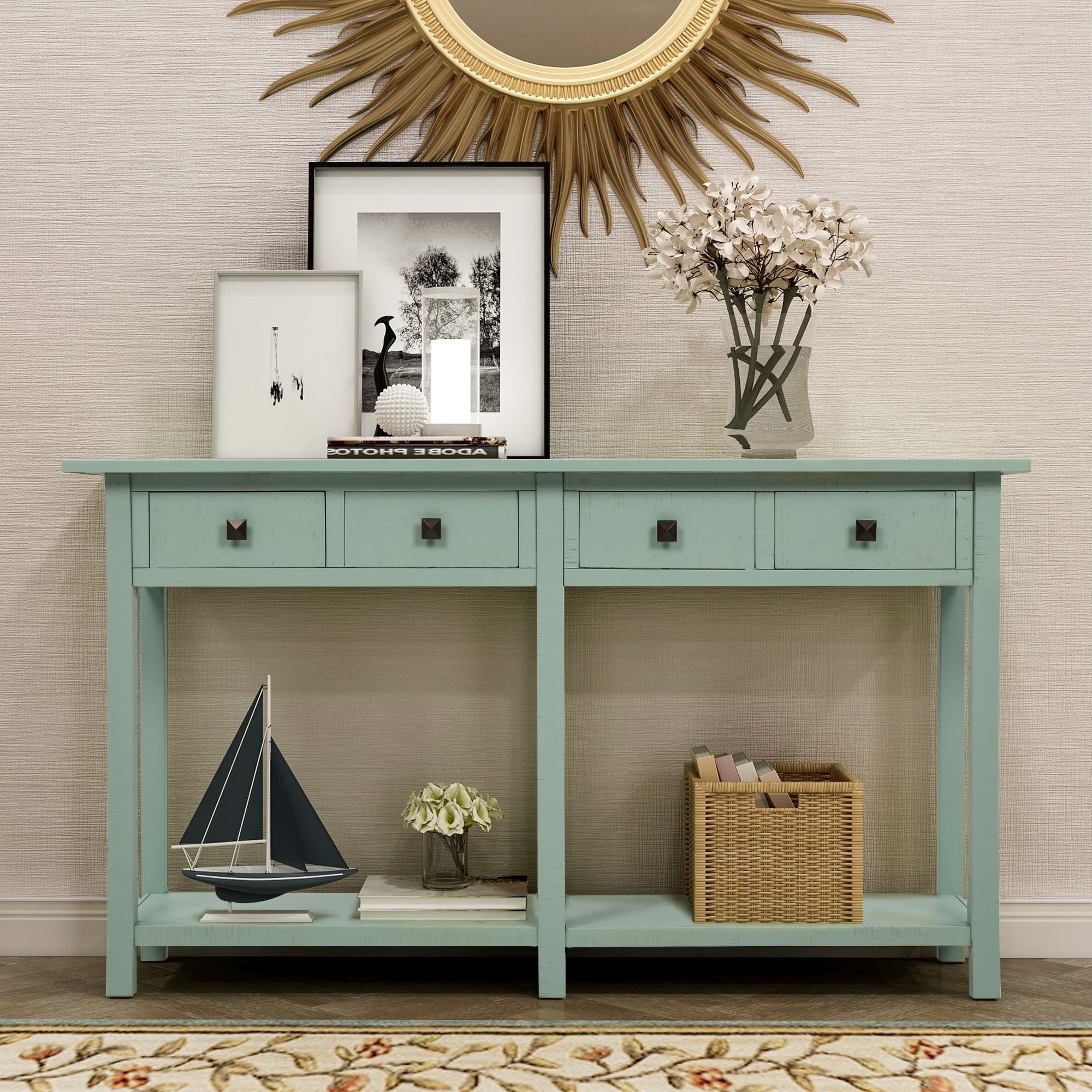 Shop Rustic Tiffany Blue Entryway 4 Drawers Console Table