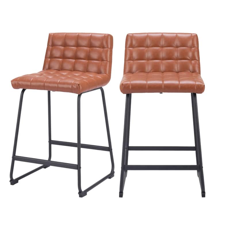 Set of Two 26" Brown And Black Faux Leather And Steel Counter Height Bar Chairs