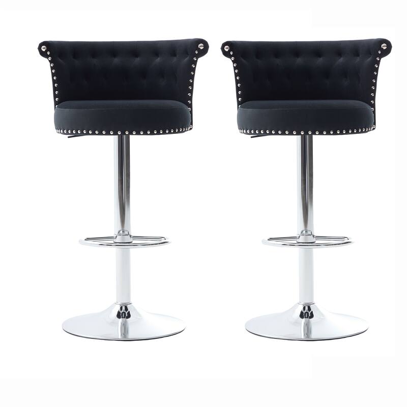 Adjustable Velvet Swivel Bar Stools with Metal Leg (Set of 2) - Black