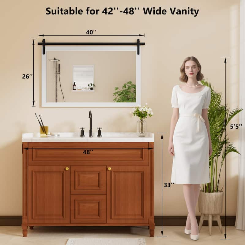 Farmhouse Rectangular Wood Frame Wall Mirror, Rustic Barn Door Bathroom Vanity Mirror