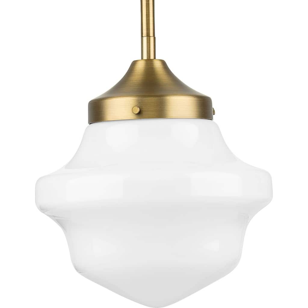 School House Pendant Collection One-Light Vintage Brass White Opal Glass Coastal Mini-Pendant Light - 8 in x 8 in x 9 in