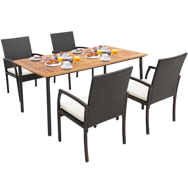 Costway 5PCS Patio Dining Set Cushion Armchairs Acacia Wood Table - 5-Piece - Natural+Black+Mix Brown - 5-Piece