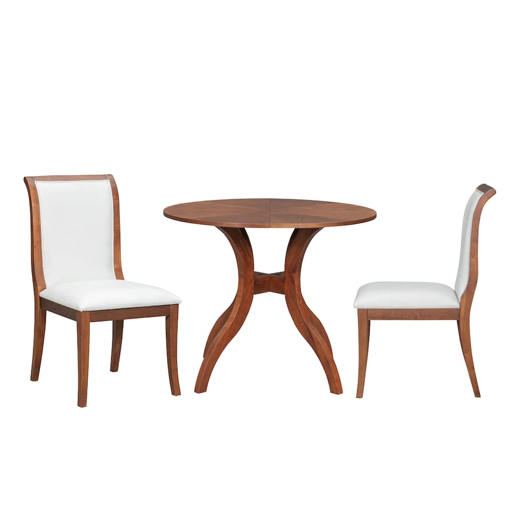 Dining Table Set:39.4" Round Table + 2 Chairs - Traditional Solid Wood Kitchen Set with Inlaid Tabletop, Elegant Curved Legs