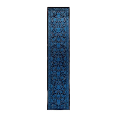Overton Hand Knotted Wool Vintage Inspired Modern Contemporary Overdyed Blue Runner Rug - 2' 6" x 12' 1"