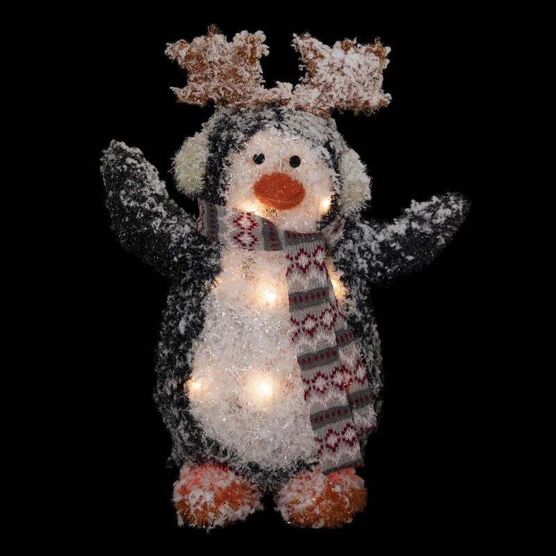 Lighted Snowy Penguin in Antler Hat Outdoor Christmas Decoration - 22" - Warm White - Black