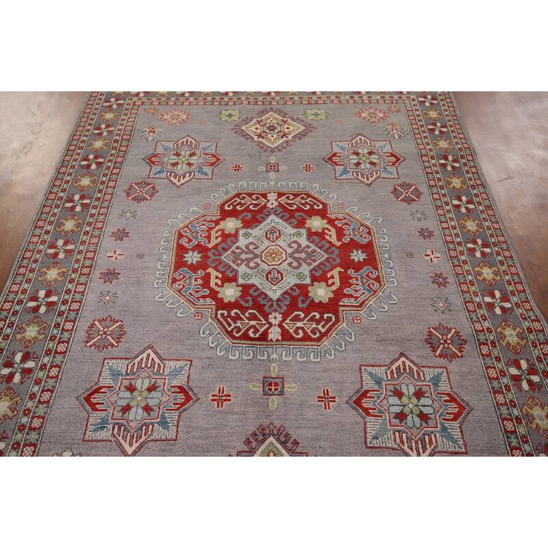 Traditional Kazak Oriental Area Rug Handmade Grey Wool Carpet - 5'7" x 7'11"