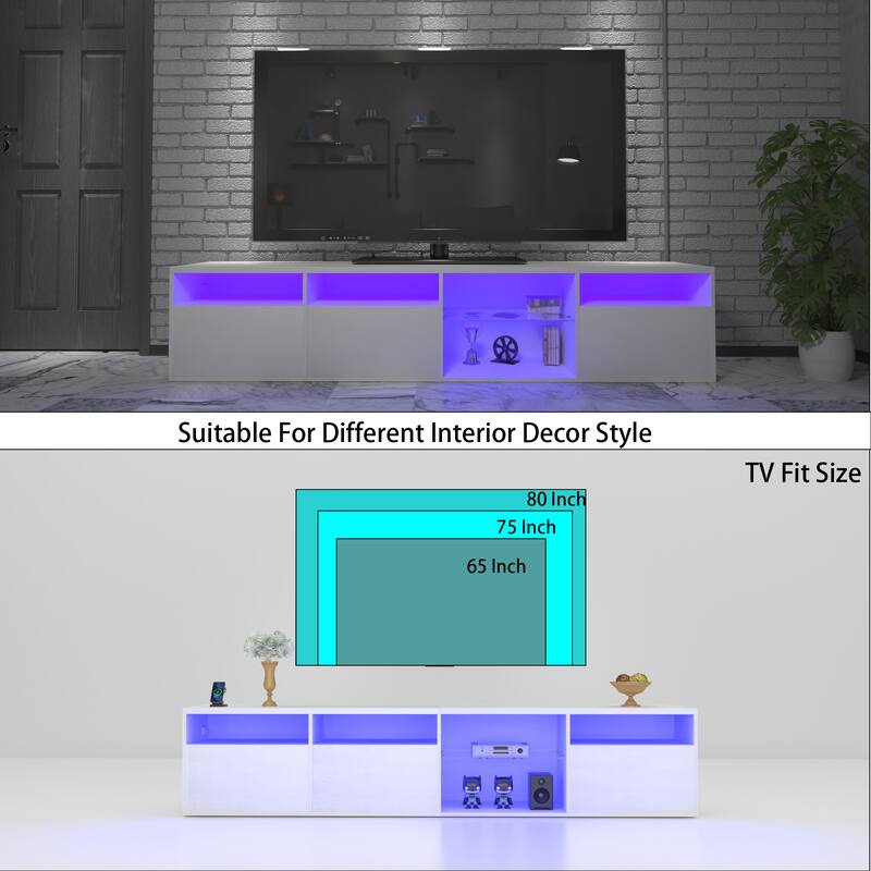 Modern 82.6" LED TV Console with Storage, RGB Lights, 31 Modes, and Remote Control for 75/80" TVs