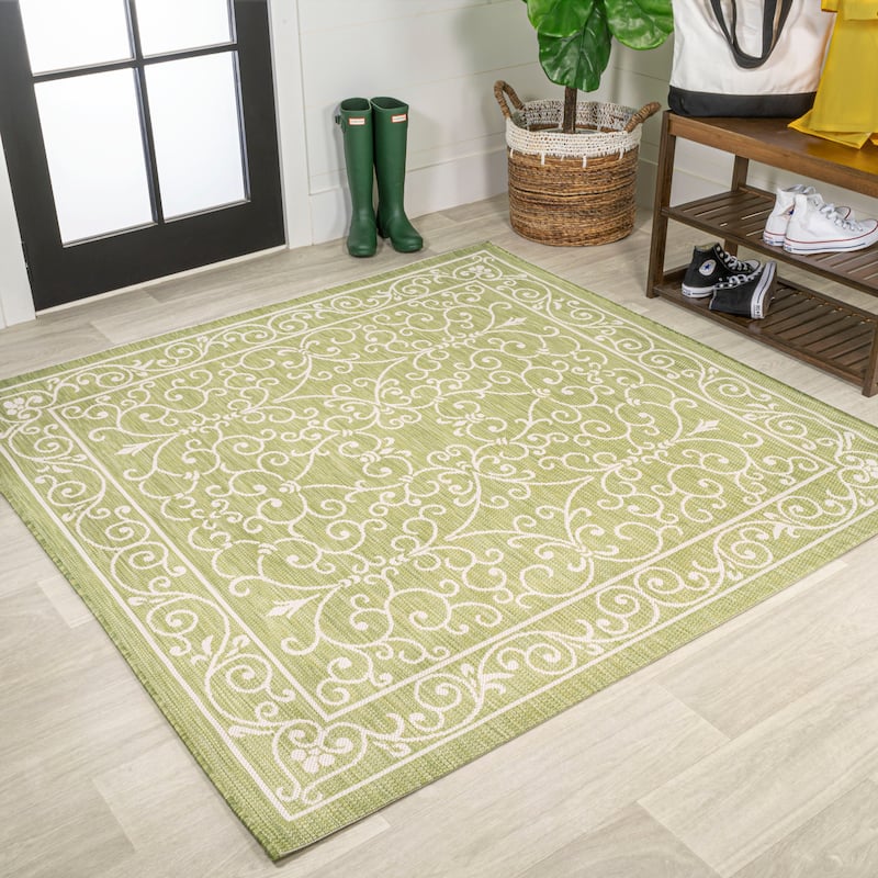 JONATHAN Y Filigree Textured Weave Indoor/Outdoor Area Rug - 5' Square - Green/Cream